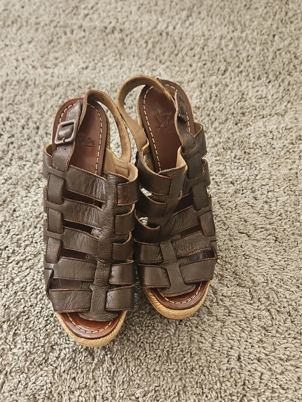 Christian Louboutin Brown Woven Leather Wedge Sandals 37